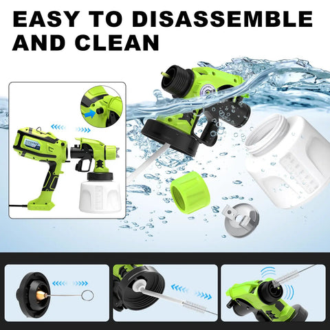 Powerful 1000W Electric Paint Sprayer disassembled with parts shown in water, demonstrating easy cleaning for hassle-free house painting.