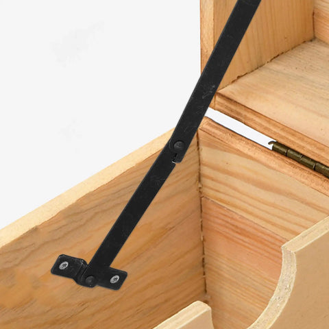 2 Pack Iron Box Lid Support Hinges Antique Style Folding Hinge in black on wood display box, tool-free removal