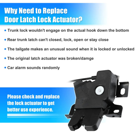 Mustang Trunk Latch Actuator DR3Z-5443200-A for Ford 2010-2014 Coupe, black tailgate door lock with release cable shown next to benefits list.