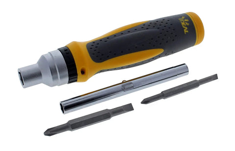 Pro Grade 9-In-1 Ratcheting Nut Driver And Screwdriver Set For Electricians shown with bits and chrome vanadium build