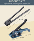 Heavy Duty Pet Strapping Kit With 1000 Foot Rolls And Tough Hand Tensioner shown with size details, measuring 20.52in and 10.68in.