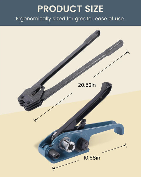 Heavy Duty Pet Strapping Kit With 1000 Foot Rolls And Tough Hand Tensioner shown with size details, measuring 20.52in and 10.68in.