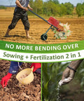 Man using push garden seeder with dual seed and fertilizer buckets for efficient planting and fertilizing, 10-hole design.