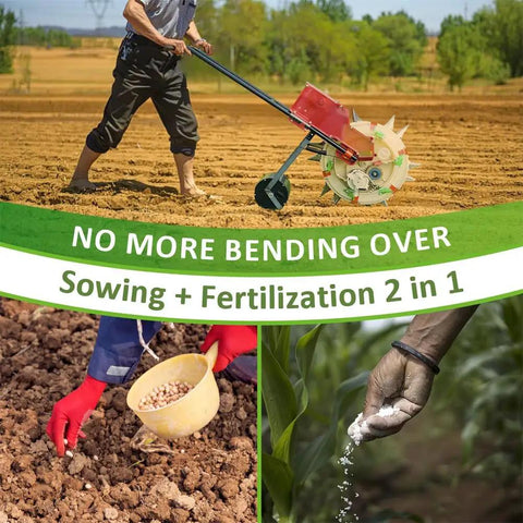 Man using push garden seeder with dual seed and fertilizer buckets for efficient planting and fertilizing, 10-hole design.
