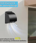 Heavy-Duty 4-Inch Dryer Vent Cover With Screen And Damper, 14 Gauge Steel Outdoor Vent Cap Black on wall.