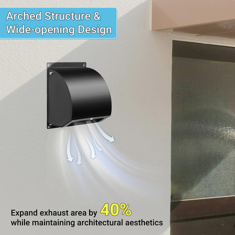 Heavy-Duty 4-Inch Dryer Vent Cover With Screen And Damper, 14 Gauge Steel Outdoor Vent Cap Black on wall.