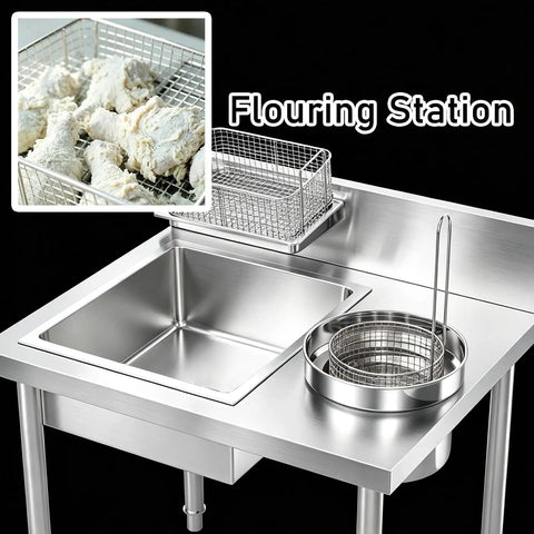 Built Tough As Nails Stainless Steel Powder Coating Workbench With Deep Dipping Tank for commercial flouring station and prep.