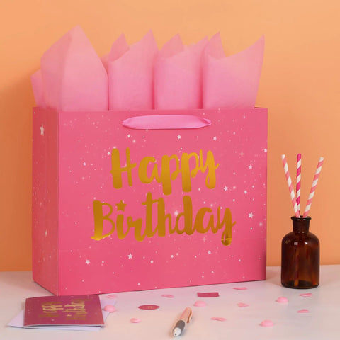 Giant Pink Gift Bag Set With Greeting Card And Tissue Paper Starry Night Design With Hot Foil Happy Birthday