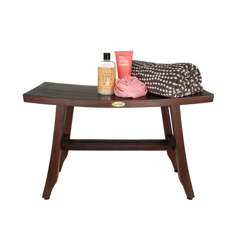 Teak Shower Bench 28 Inch Waterproof Wooden Seat For Inside Shower Spa Quality Shower Chair with bath products on top