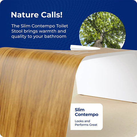 Contempo Slim Teak Finish Toilet Stool, 7 Inch Height, Brown And White, side view highlighting wood texture and design