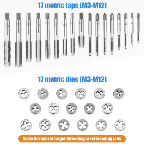 Tap and die set with 17 metric taps and 17 metric dies (M3–M12), metal threading tools