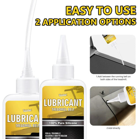 Silicone Treadmill Lube 7oz 200ml With Applicator Tubes For Belt And Gear Lubrication shown with applicator tube and usage instructions