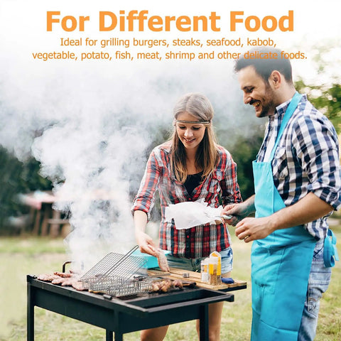 Couple grilling with deep stainless steel grill basket with 3 section dividers and detachable handle for fish, meat, veggies, shrimp.