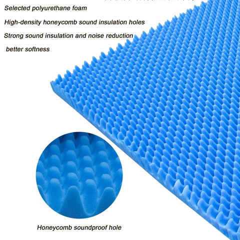 XILYZMO 2.76 Inch Thick Self-Adhesive Acoustic Foam Panel, 39 x 1969 Inch in blue showing honeycomb structure for sound insulation.