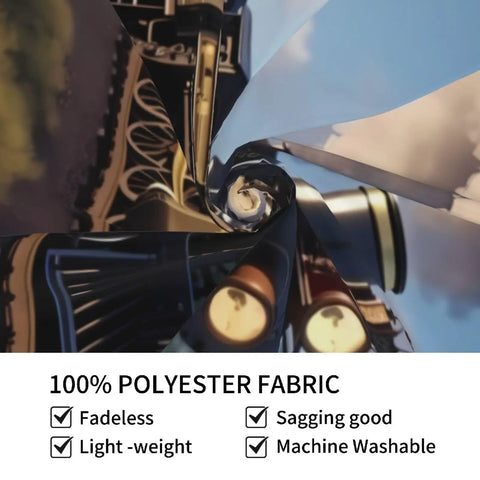 Close-up of Steam Locomotive Train Wall Tapestry Art Print showing polyester fabric and vivid oil painting style design.