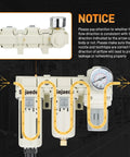 Diagram of Three Eighths Inch NPT Air Compressor Filter Dryer With Auto And Semi Auto Dual Drain showing airflow direction