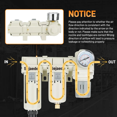 Diagram of Three Eighths Inch NPT Air Compressor Filter Dryer With Auto And Semi Auto Dual Drain showing airflow direction