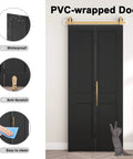 36 By 84 Inch Bifold Barn Door In Textured Black With Vinyl Wrap Two Panel Hollow Core Interior Door With Brushed Gold Hardware Kits Waterproof And Scratch Resistant Easy To Clean Kid Proof And Pet Friendly Great For Closets Pantries And Laundry Rooms.