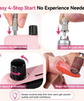 Instructional image showing a beginner using a 35,000RPM Electric Nail Drill for gel nail shaping and removal, with easy 4-step guide.