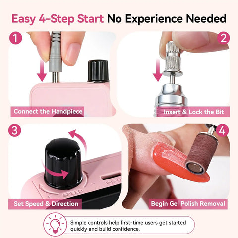 Instructional image showing a beginner using a 35,000RPM Electric Nail Drill for gel nail shaping and removal, with easy 4-step guide.
