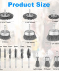 Image of a 9 Pack Drill Wire Brush Set With One Quarter Inch Hex Shank For Rust Removal And Tough Scrub On Surfaces Cup Wheel And Pen Brushes In Carbon Steel, showing various brush sizes and types.