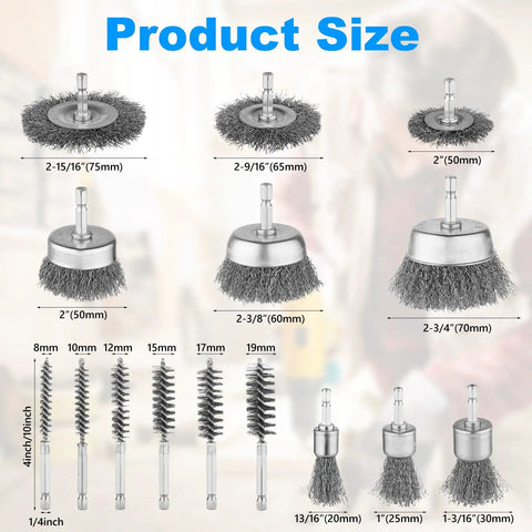 Image of a 9 Pack Drill Wire Brush Set With One Quarter Inch Hex Shank For Rust Removal And Tough Scrub On Surfaces Cup Wheel And Pen Brushes In Carbon Steel, showing various brush sizes and types.