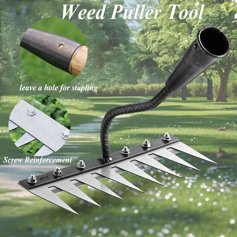 Upgrade Iron Weeding Rake 2.0 With Eight Teeth Manual Weeder for Gardening showing metal head, screws, and handle attachment