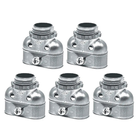 Heavy Duty Metal Conduit Connectors 5 Pack Double Outlet Wire Harness Clamps 3/8 Inch Cables, silver metal clamps.