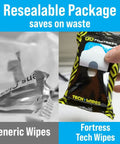 Hands holding On The Go Tech Wipes Pack Of 3, 25 Count Each, Travel Size Skin Safe Clean For Screens Phones Keyboards Monitors TVs And More, Safe For All Devices, Perfect For Home Office Or Travel in resealable packaging