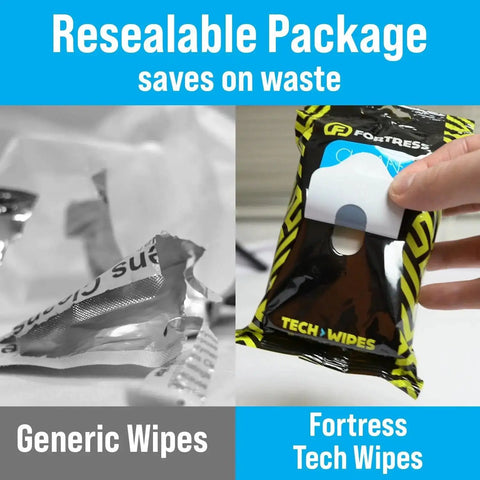 Hands holding On The Go Tech Wipes Pack Of 3, 25 Count Each, Travel Size Skin Safe Clean For Screens Phones Keyboards Monitors TVs And More, Safe For All Devices, Perfect For Home Office Or Travel in resealable packaging