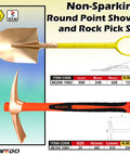 Diagram showing Non Sparking Round Point Shovel And Pick Mattock Set Featuring 39 Inch Shovel And 36 Inch Rock Pick Hammer, Beryllium Copper.