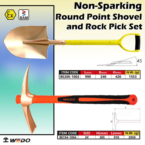 Diagram showing Non Sparking Round Point Shovel And Pick Mattock Set Featuring 39 Inch Shovel And 36 Inch Rock Pick Hammer, Beryllium Copper.