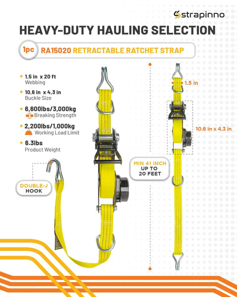 Retractable Ratchet Tie Down Strap One Point Five Inch By 20 Foot Heavy Duty With Double J Hooks And D Rings Tangle Free Webbing
