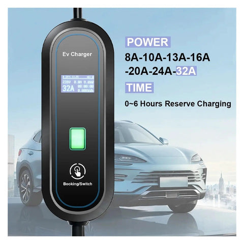 Heavy Duty Portable EV Charger With Type Two To Type One Adapter 7kW 32Amp showing display with power settings and USB connection.