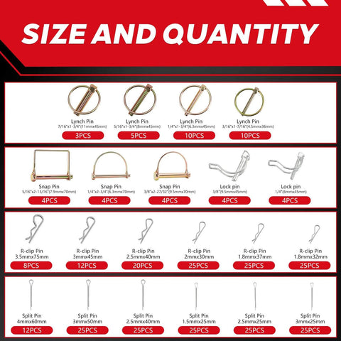 Image showing size and quantity of pins from 300 Piece Heavy Duty Workhorse Cotter Pin Kit with zinc plated steel linchpins.
