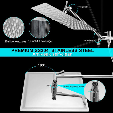 Dope 12 Inch Rain Shower Head With Handheld Spray Dual Square Rainfall Set Anti Leak Adjustable Arm Silver Closeup