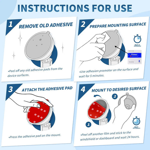 Installation guide for Six Pack Dash Cam Adhesive Pads Set For Car with step-by-step instructions and illustrations.