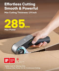 EdgeFlow Cordless Electric Scissors cutting cardboard with 285 RPM power, titanium blade visible, hand holding the tool.