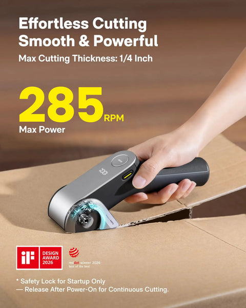 EdgeFlow Cordless Electric Scissors cutting cardboard with 285 RPM power, titanium blade visible, hand holding the tool.