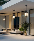 Modern Outdoor Pendant Lights Waterproof Aluminum Fixture With Bubble Glass Shade in industrial black finish on patio