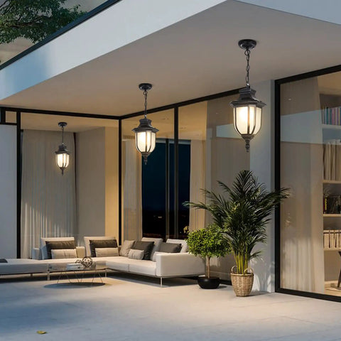 Modern Outdoor Pendant Lights Waterproof Aluminum Fixture With Bubble Glass Shade in industrial black finish on patio