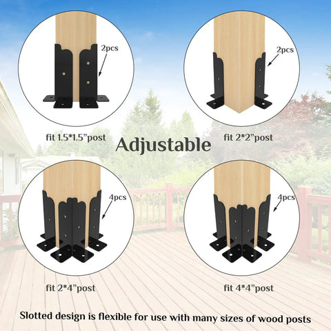 8 Piece Adjustable Deck Post Brackets Set For 2x2, 2x4, 4x4 And 6x6 Posts Fits Fence, Pergola, And Mailbox Support In Matte Black Durable Steel Heavy Duty Outdoor Brackets With Easy Install And Weather Resistant Coating