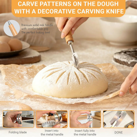 Person using lame tool from Sourdough Starter Kit With Two Banneton Proofing Baskets Bread Proofing Tool Set Lame And Blades Scrapers Slings