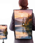 Flex Your Brand On This Head Turning Outdoor Mobile Digital Walking Billboard Backpack With A 32 Inch Full HD Led Screen showing a scenic lake.