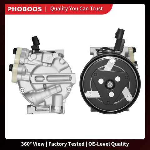 Heavy Duty AC Compressor With Clutch Fits Hyundai Elantra 2011 To 2013 1.8L And Kia Soul 2012 To 2013 2.0L, side and top views.