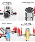 Close-up of Faucet Mounted Eyewash Kit Emergency Eyewash Station With Adjustable Aerated Flow And ANSI Standard Compliance Built For Tough Jobs In Industrial Labs And Small Offices Includes 5X Common Sink Adapter, showing components such as switches, manifolds, and bubble formers.