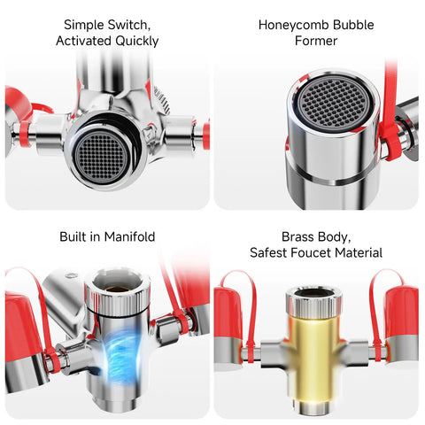 Close-up of Faucet Mounted Eyewash Kit Emergency Eyewash Station With Adjustable Aerated Flow And ANSI Standard Compliance Built For Tough Jobs In Industrial Labs And Small Offices Includes 5X Common Sink Adapter, showing components such as switches, manifolds, and bubble formers.