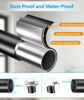 Adjustable Tension Curtain Rod No Drilling Extra Long 41 To 139 Inch Heavy Duty Black Anti Slip No Rust For Indoor Outdoor Use Shower Patio Window Room Divider Easy One Click Install showing rust-proof carbon steel material