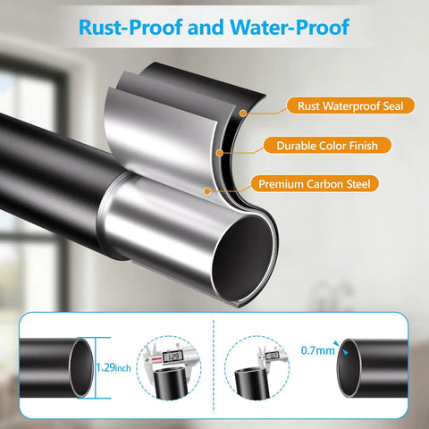 Adjustable Tension Curtain Rod No Drilling Extra Long 41 To 139 Inch Heavy Duty Black Anti Slip No Rust For Indoor Outdoor Use Shower Patio Window Room Divider Easy One Click Install showing rust-proof carbon steel material