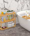 Bamboo 3 Tier Wall Mount Over Toilet Shelf Rack Adjustable Space Saving Storage next to a bathtub in marble bathroom.